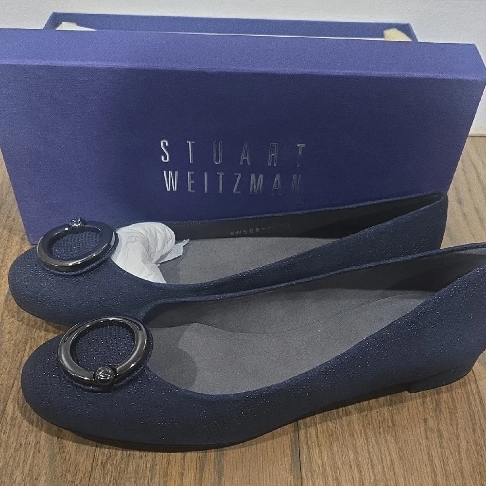 Stuart Weitzman Dark Blue Flats with Buckle Detail - Picture 1 of 4